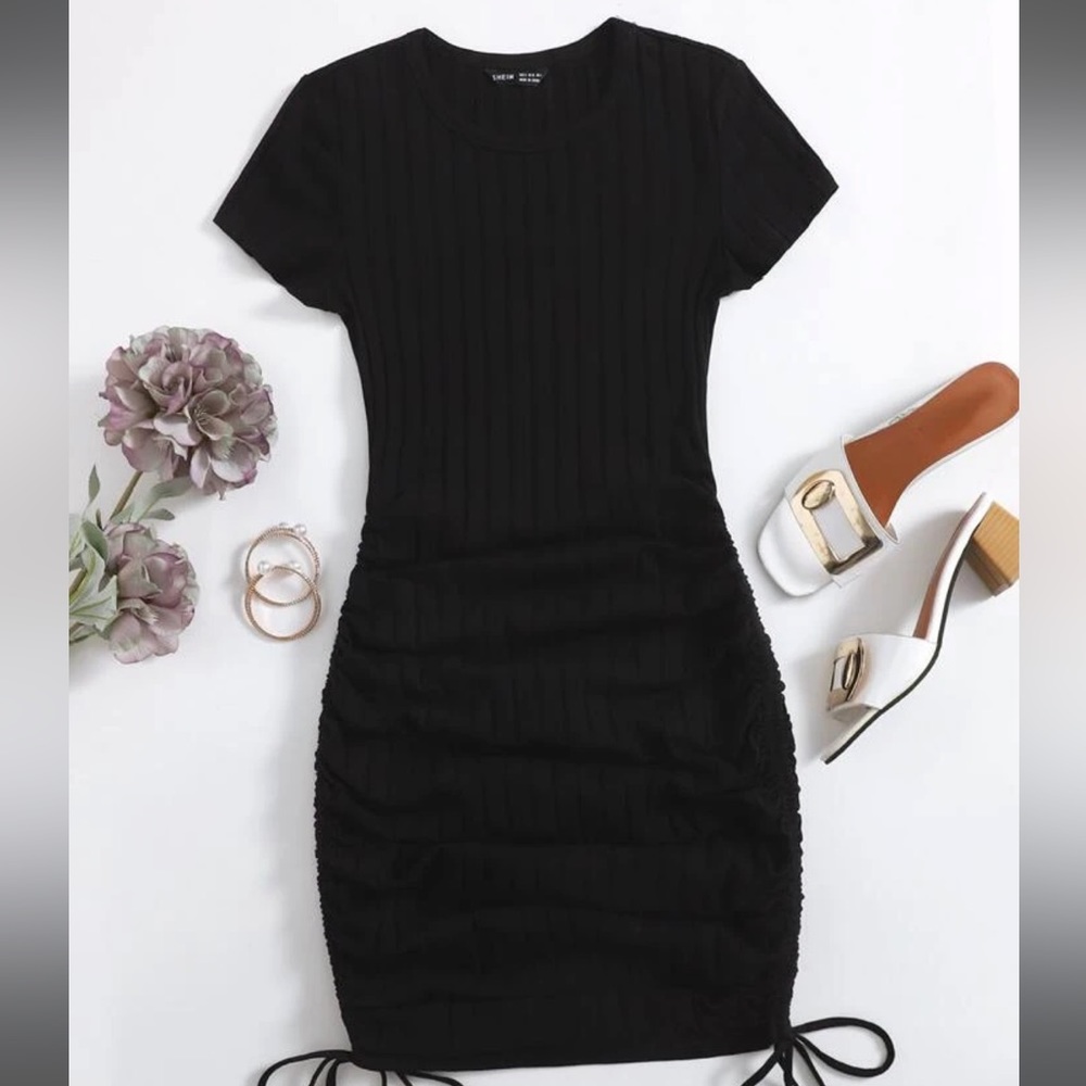 Black Drawstring Rib-Knit Bodycon Dress